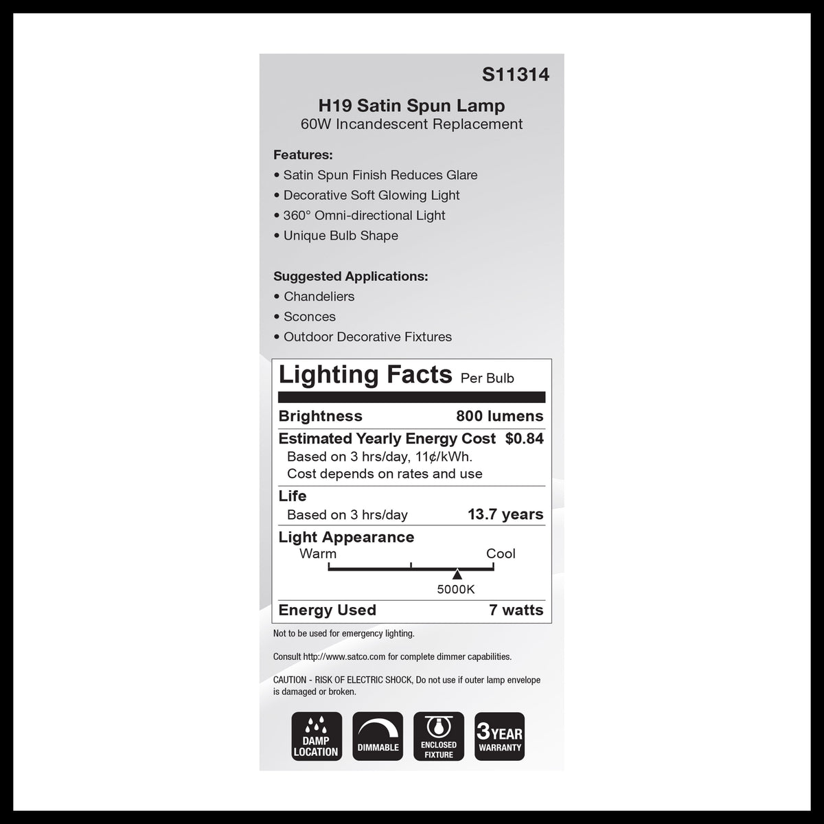 7 Watt H19 LED Filament - 5000K CCT - Medium Base - Satin Spun Finish - 120 Volt