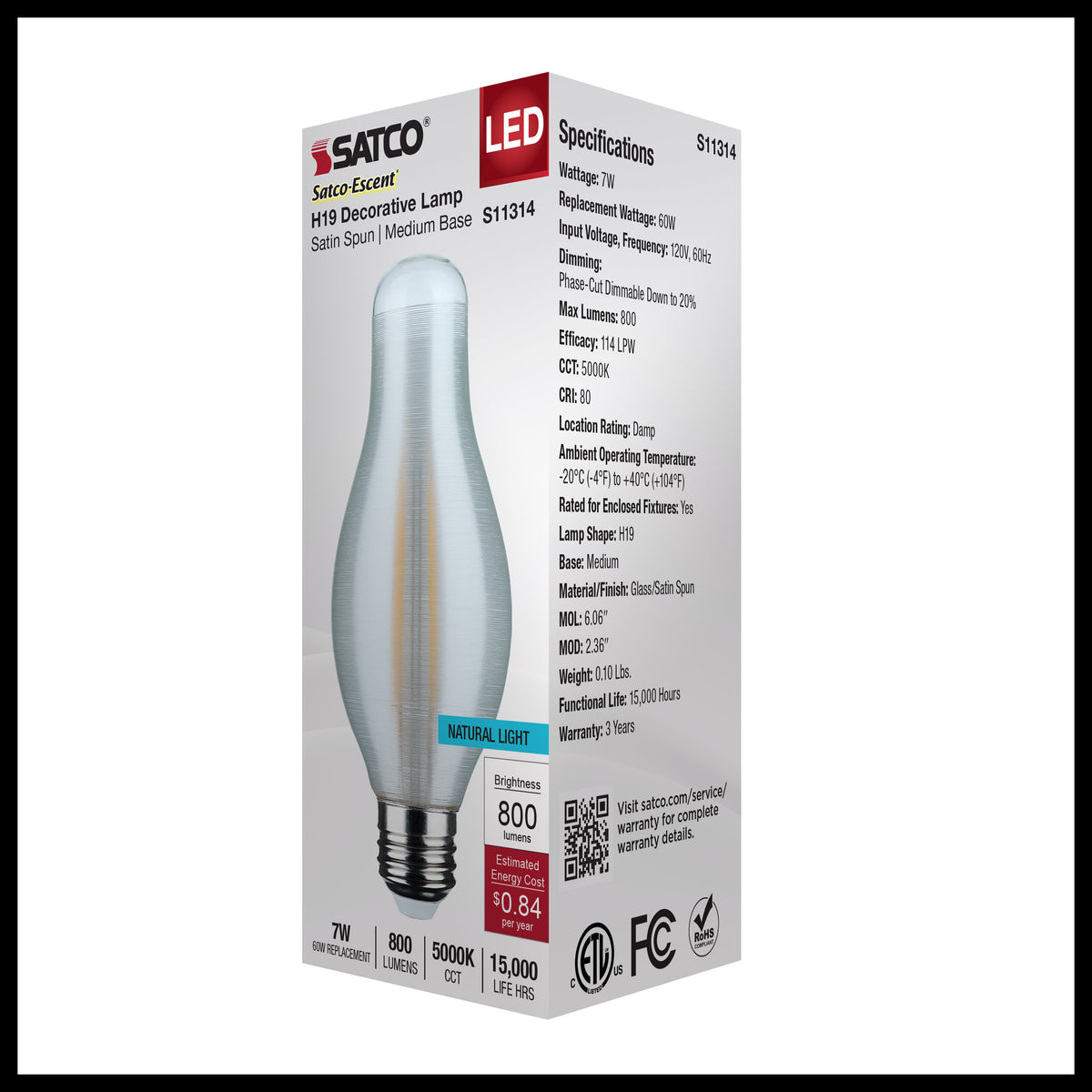 7 Watt H19 LED Filament - 5000K CCT - Medium Base - Satin Spun Finish - 120 Volt