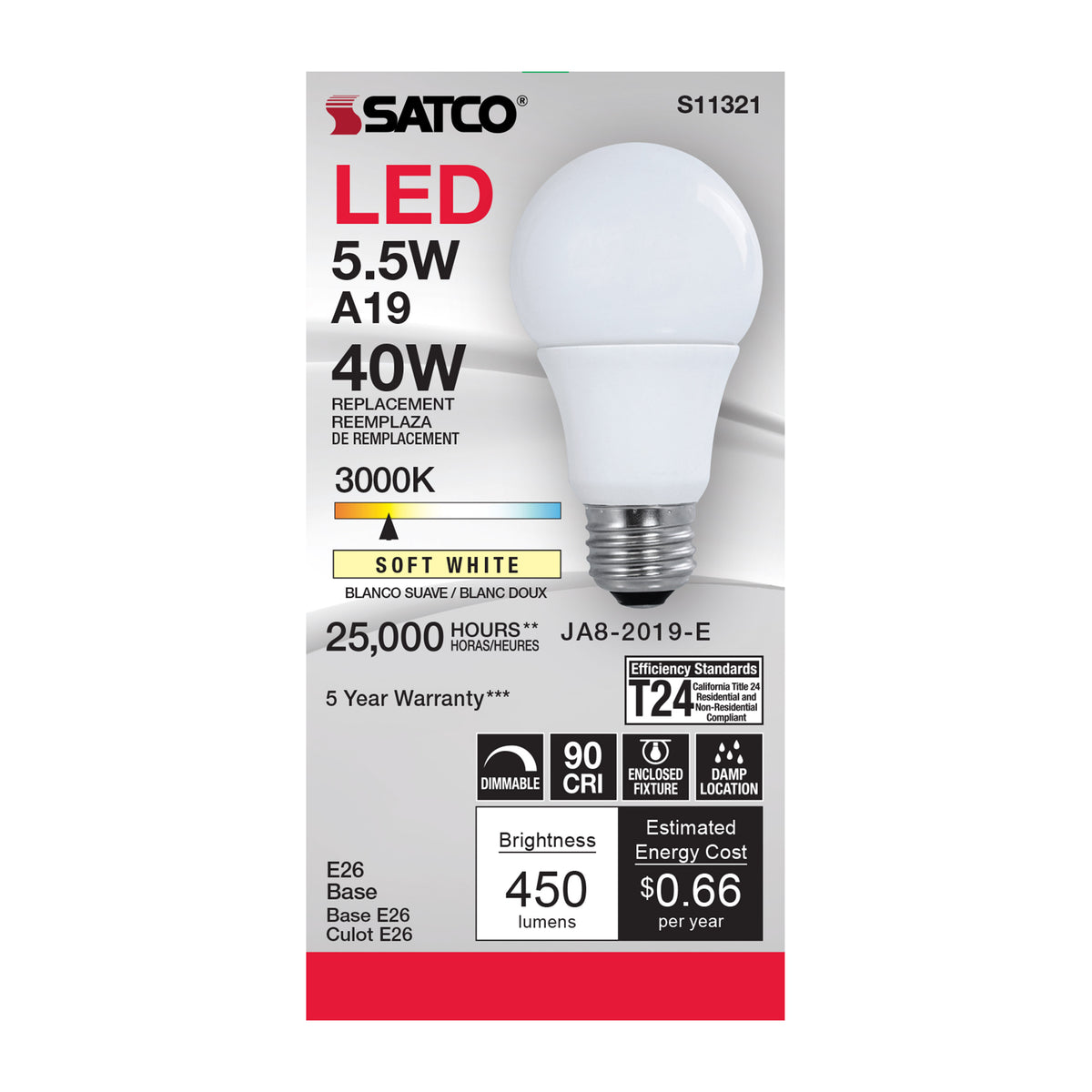5.5 Watt - A19 LED - 3000K - Medium base - 220 deg. Beam Angle - 120 Volt