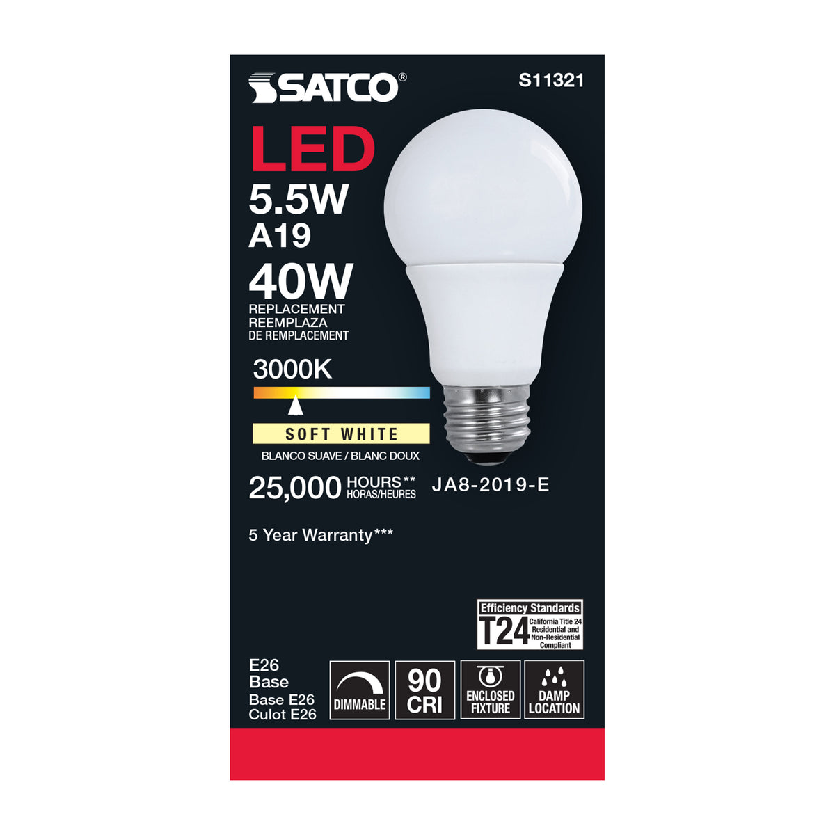 5.5 Watt - A19 LED - 3000K - Medium base - 220 deg. Beam Angle - 120 Volt