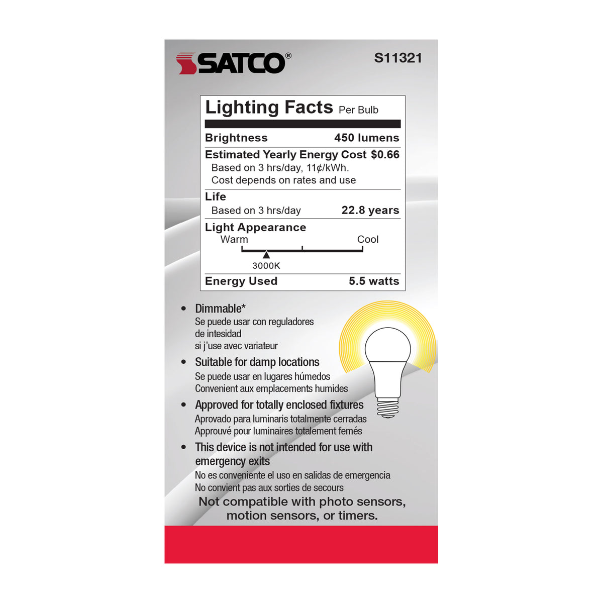 5.5 Watt - A19 LED - 3000K - Medium base - 220 deg. Beam Angle - 120 Volt