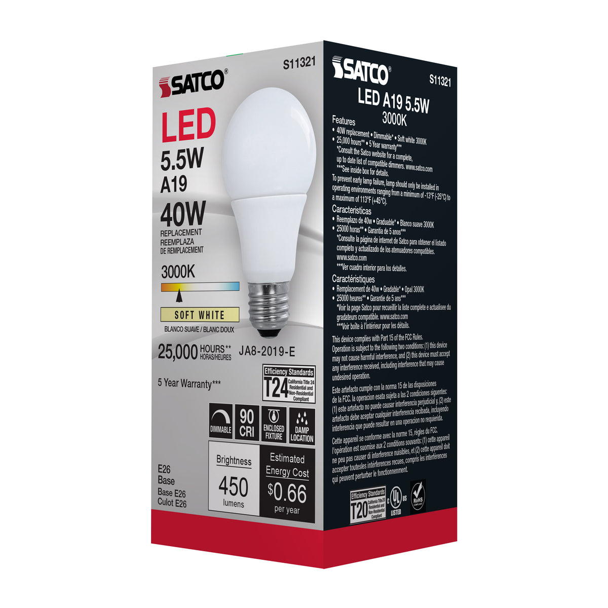 5.5 Watt - A19 LED - 3000K - Medium base - 220 deg. Beam Angle - 120 Volt