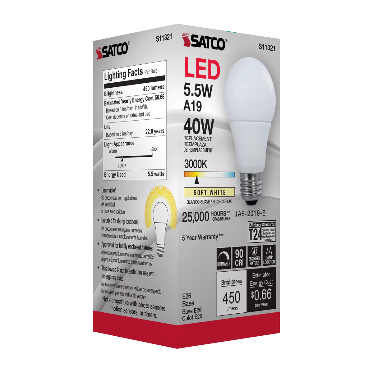 5.5 Watt - A19 LED - 3000K - Medium base - 220 deg. Beam Angle - 120 Volt