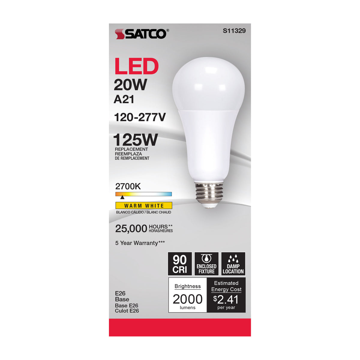 20 Watt - A21 LED - 2700K - Medium base - 220 deg. Beam Angle - 120-277 Volt