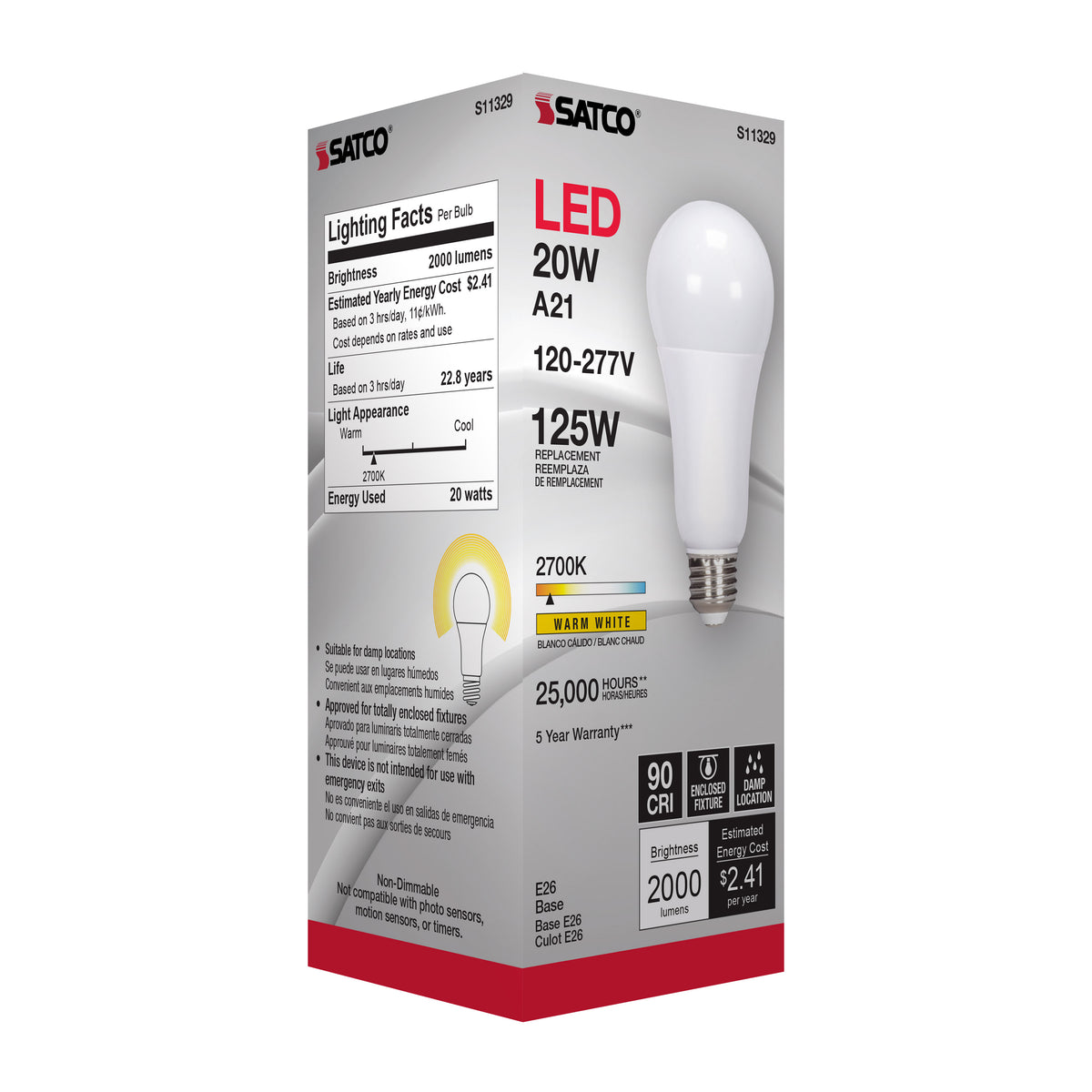 20 Watt - A21 LED - 2700K - Medium base - 220 deg. Beam Angle - 120-277 Volt