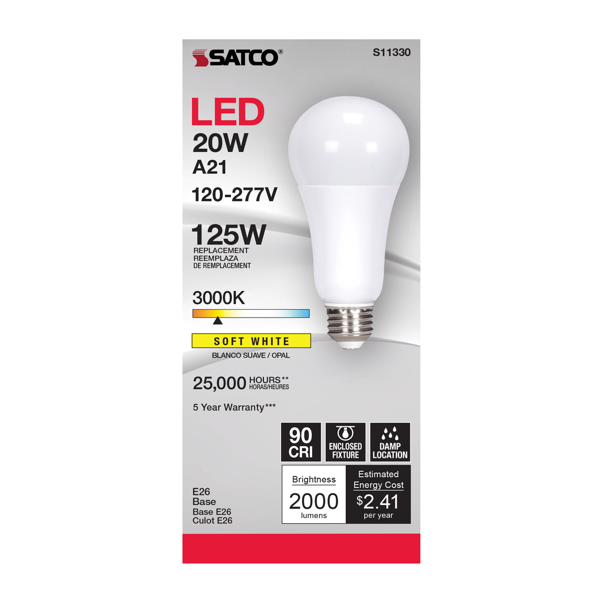 20 Watt - A21 LED - 3000K - Medium base - 220 deg. Beam Angle - 120-277 Volt