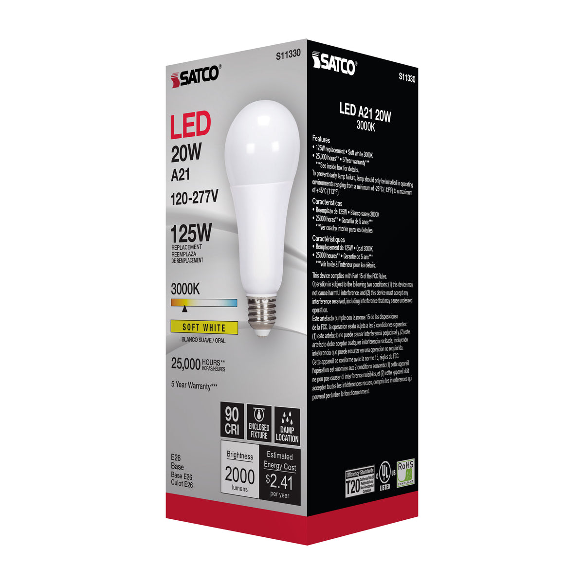 20 Watt - A21 LED - 3000K - Medium base - 220 deg. Beam Angle - 120-277 Volt