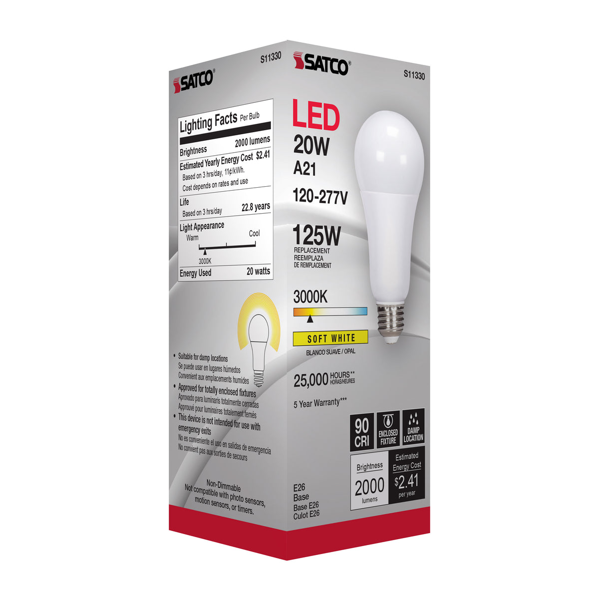 20 Watt - A21 LED - 3000K - Medium base - 220 deg. Beam Angle - 120-277 Volt