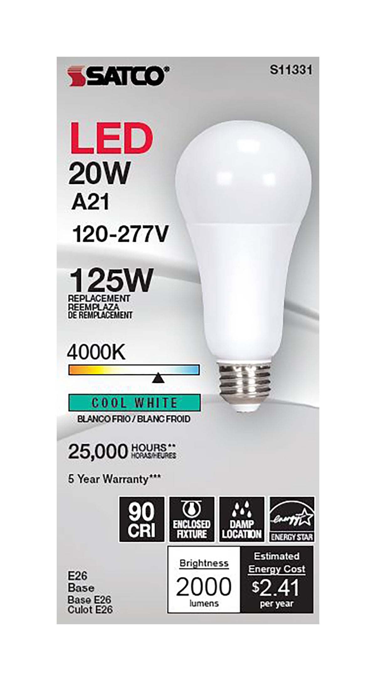 20 Watt - A21 LED - 4000K - Medium base - 220 deg. Beam Angle - 120-277 Volt