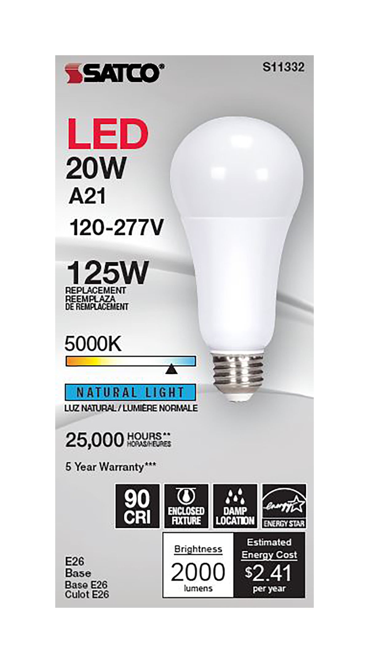 20 Watt - A21 LED - 5000K - Medium base - 220 deg. Beam Angle - 120-277 Volt