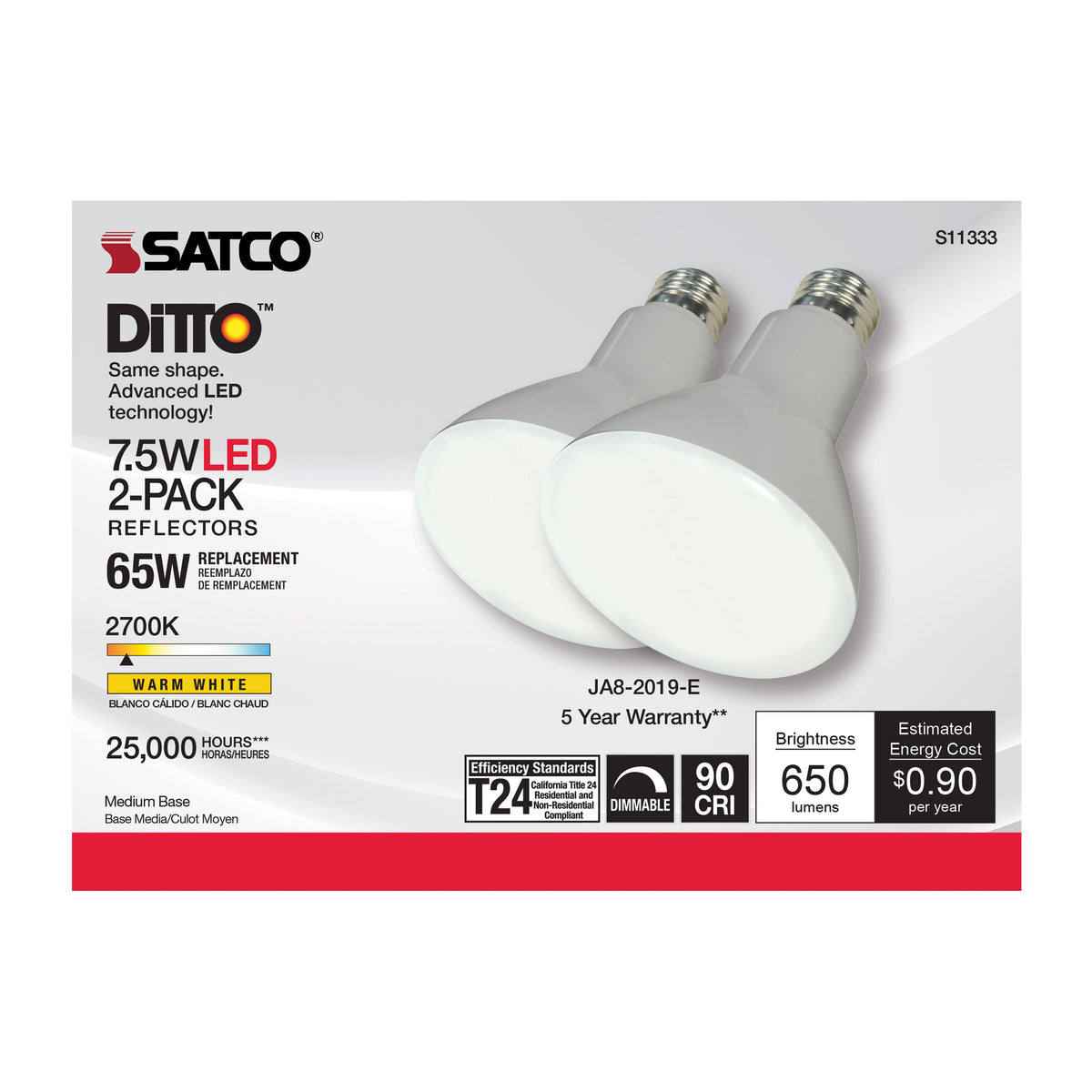 7.5 Watt - BR30 LED - 2700K - Medium base - 105 deg. Beam Angle - 120 Volt - 2-pack