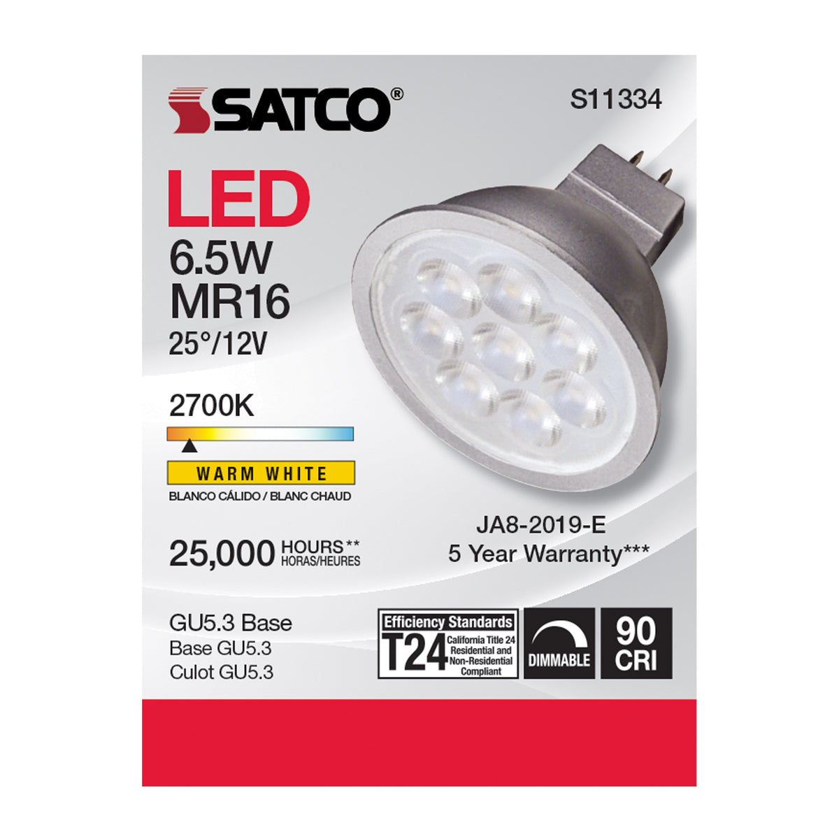 6.5 Watt - MR16 LED - 2700K - GU5.3 base - 25 deg. Beam Angle - 12 Volt