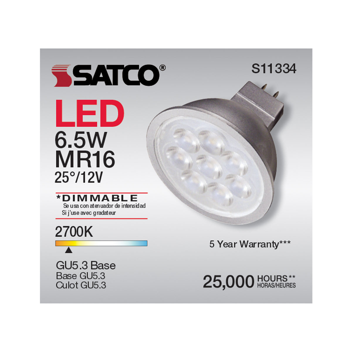 6.5 Watt - MR16 LED - 2700K - GU5.3 base - 25 deg. Beam Angle - 12 Volt