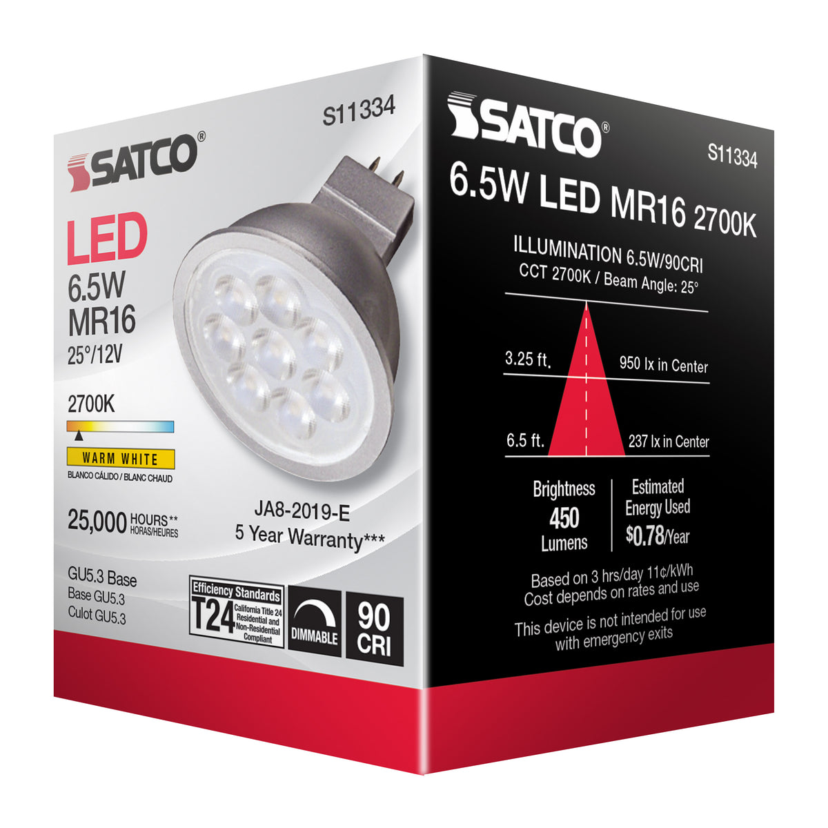 6.5 Watt - MR16 LED - 2700K - GU5.3 base - 25 deg. Beam Angle - 12 Volt