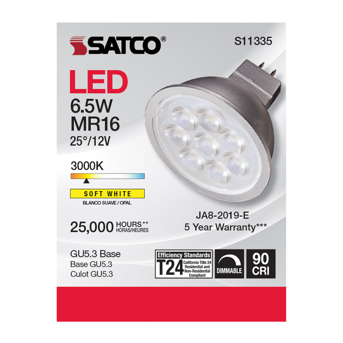 6.5 Watt - MR16 LED - 3000K - GU5.3 base - 25 deg. Beam Angle - 12 Volt