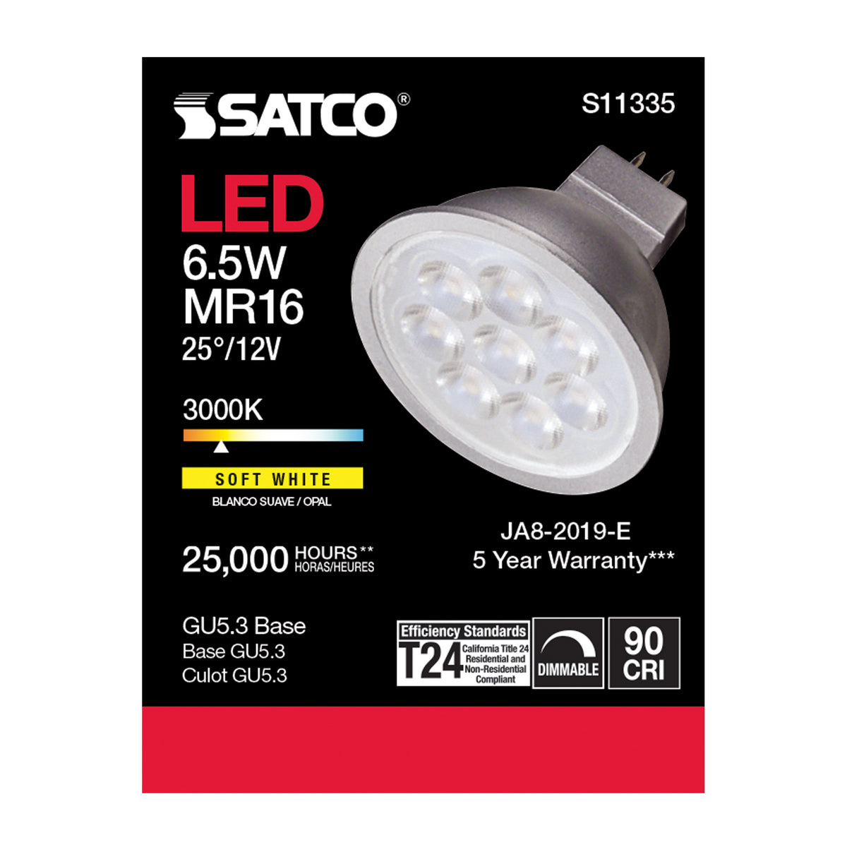 6.5 Watt - MR16 LED - 3000K - GU5.3 base - 25 deg. Beam Angle - 12 Volt