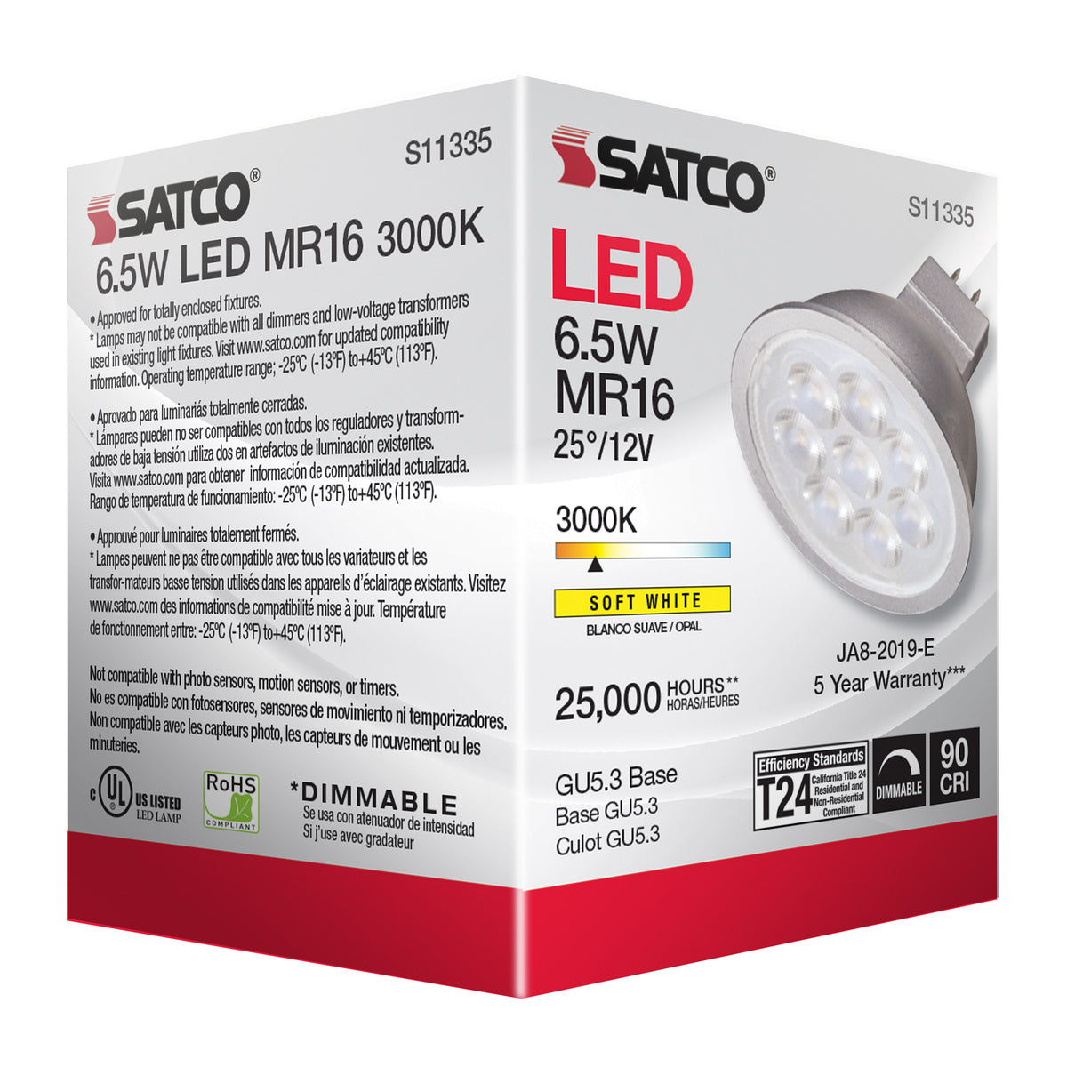 6.5 Watt - MR16 LED - 3000K - GU5.3 base - 25 deg. Beam Angle - 12 Volt
