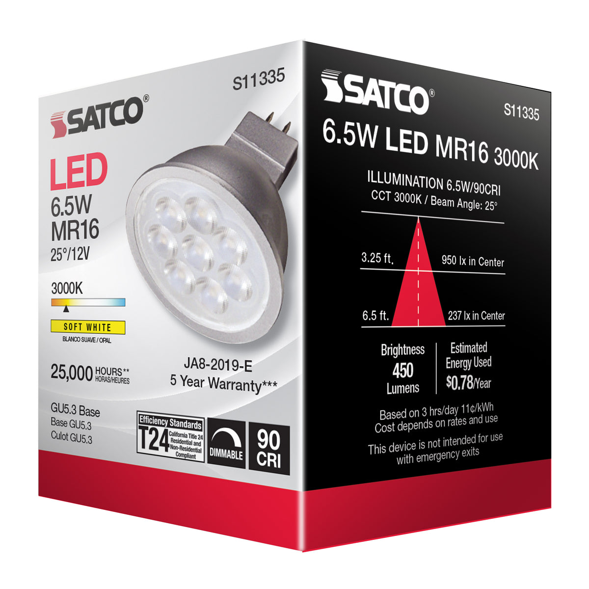 6.5 Watt - MR16 LED - 3000K - GU5.3 base - 25 deg. Beam Angle - 12 Volt