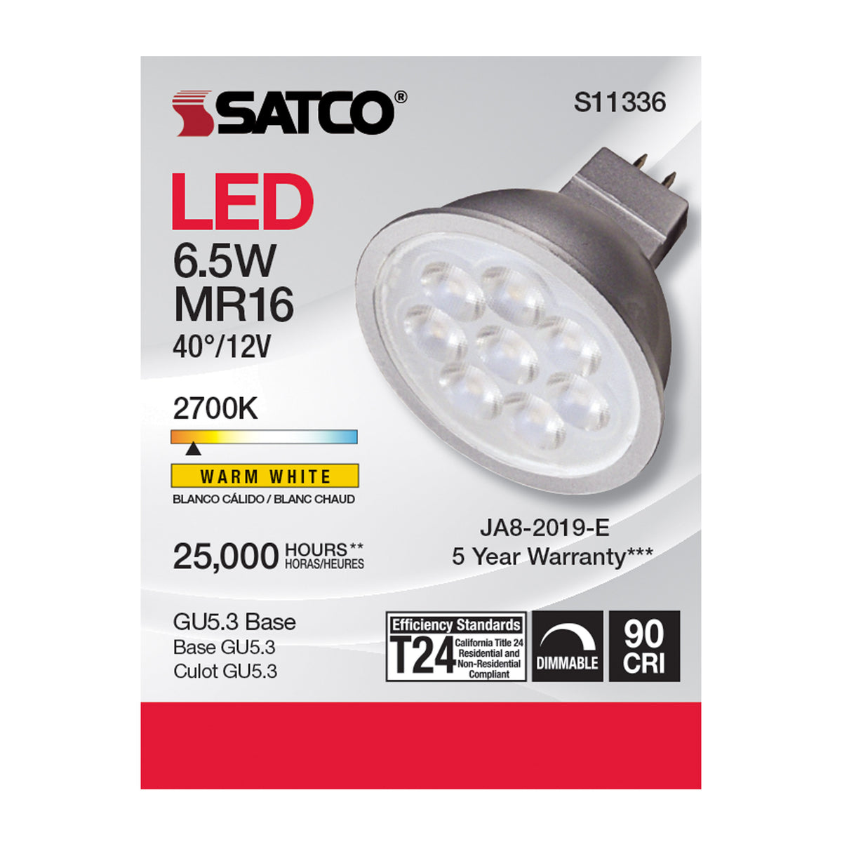 6.5 Watt - MR16 LED - 2700K - GU5.3 base - 40 deg. Beam Angle - 12 Volt