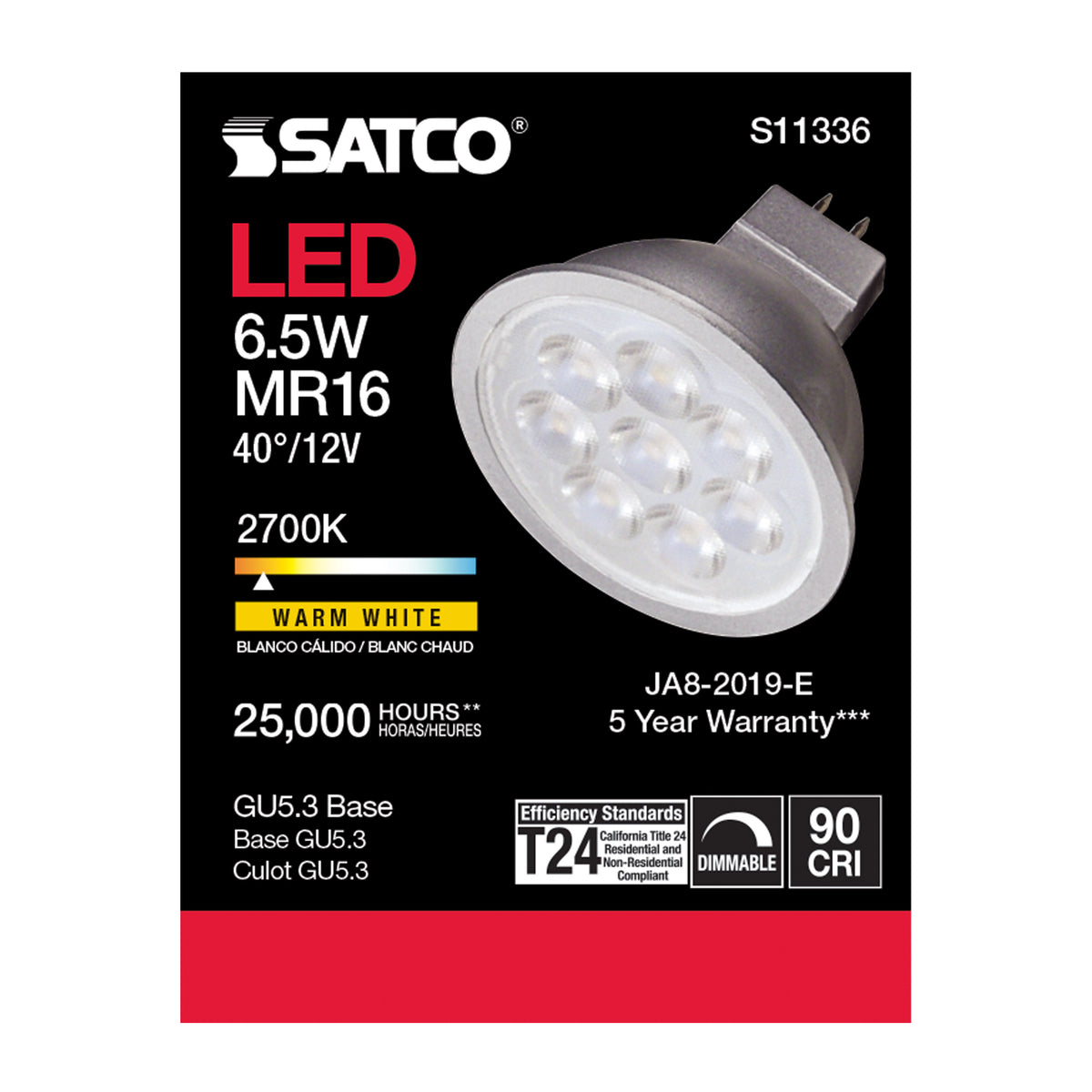 6.5 Watt - MR16 LED - 2700K - GU5.3 base - 40 deg. Beam Angle - 12 Volt