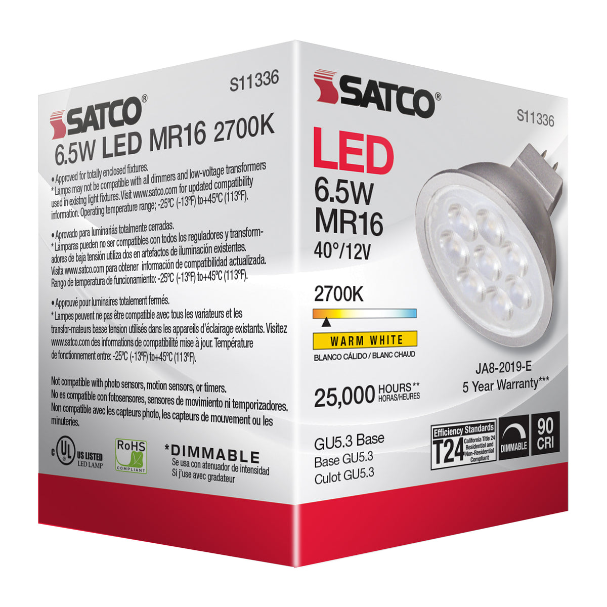 6.5 Watt - MR16 LED - 2700K - GU5.3 base - 40 deg. Beam Angle - 12 Volt