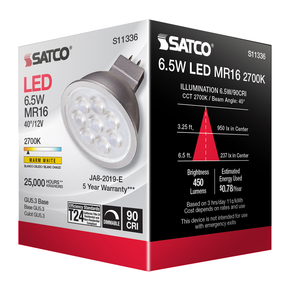 6.5 Watt - MR16 LED - 2700K - GU5.3 base - 40 deg. Beam Angle - 12 Volt