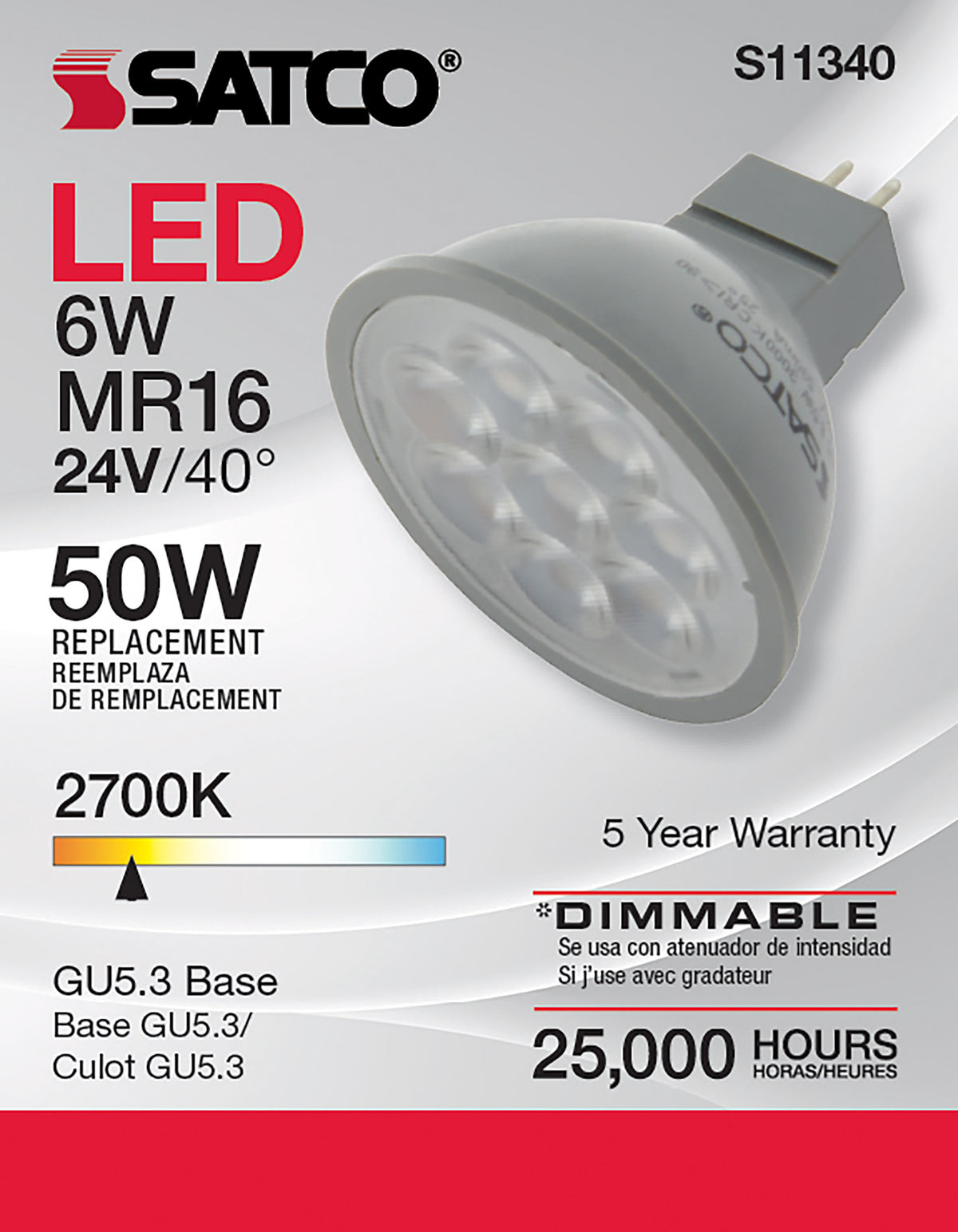 6 Watt - MR16 LED - 2700K - GU5.3 base - 40 deg. Beam Angle - 24 Volt