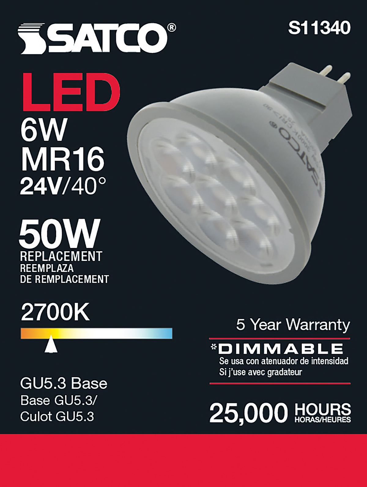 6 Watt - MR16 LED - 2700K - GU5.3 base - 40 deg. Beam Angle - 24 Volt