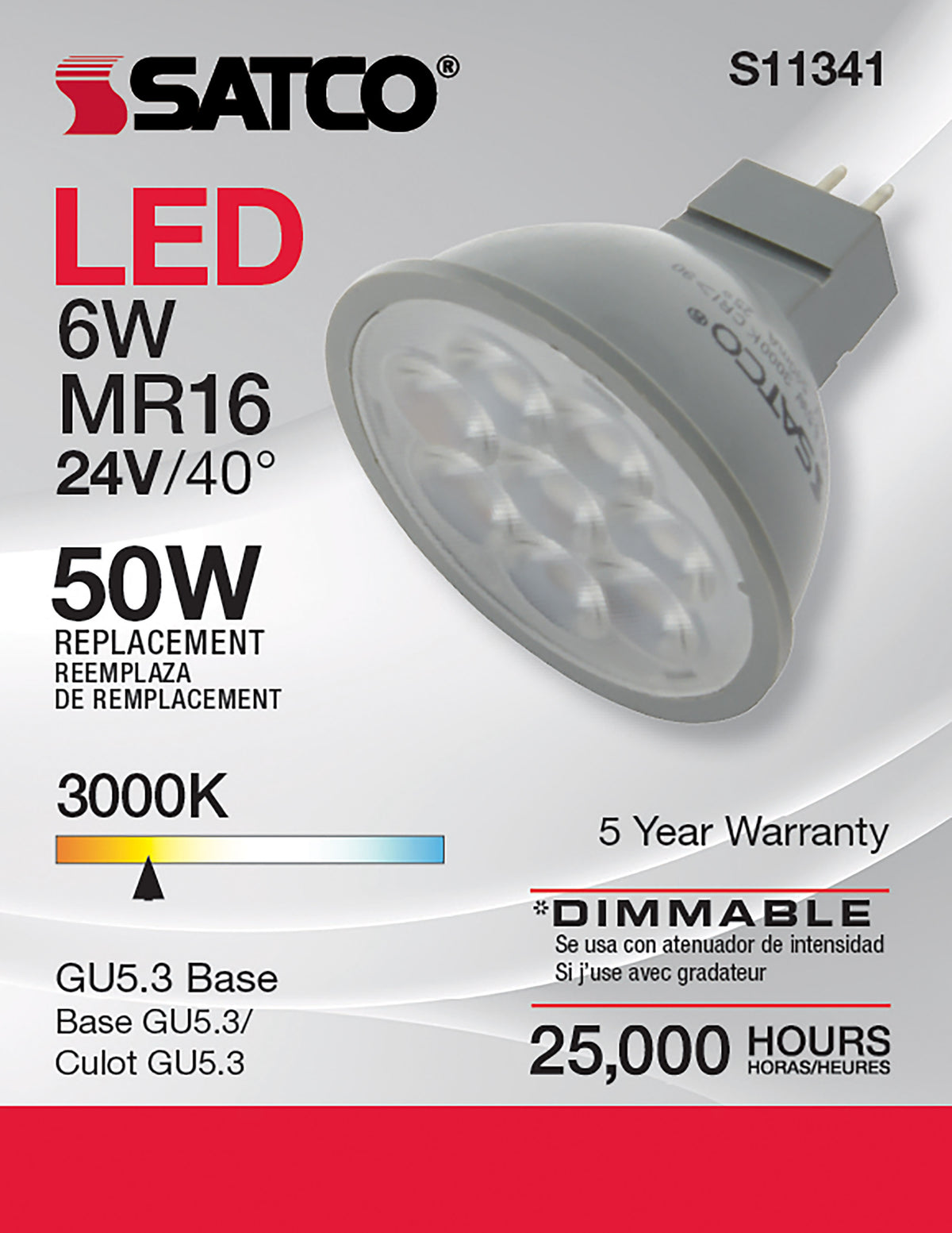 6 Watt - MR16 LED - 3000K - GU5.3 base - 40 deg. Beam Angle - 24 Volt