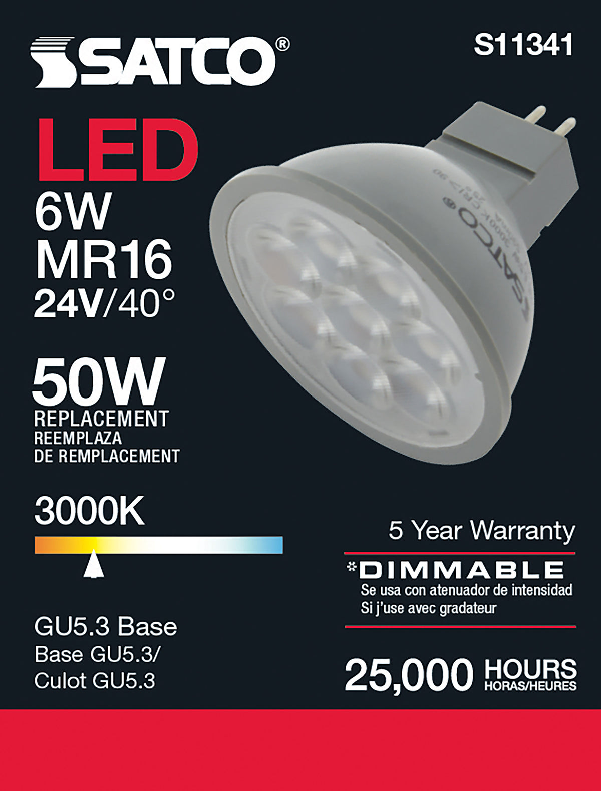 6 Watt - MR16 LED - 3000K - GU5.3 base - 40 deg. Beam Angle - 24 Volt