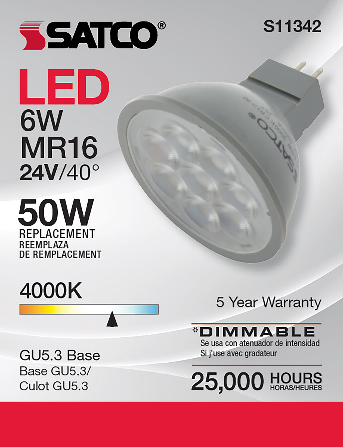 6 Watt - MR16 LED - 4000K - GU5.3 base - 40 deg. Beam Angle - 24 Volt