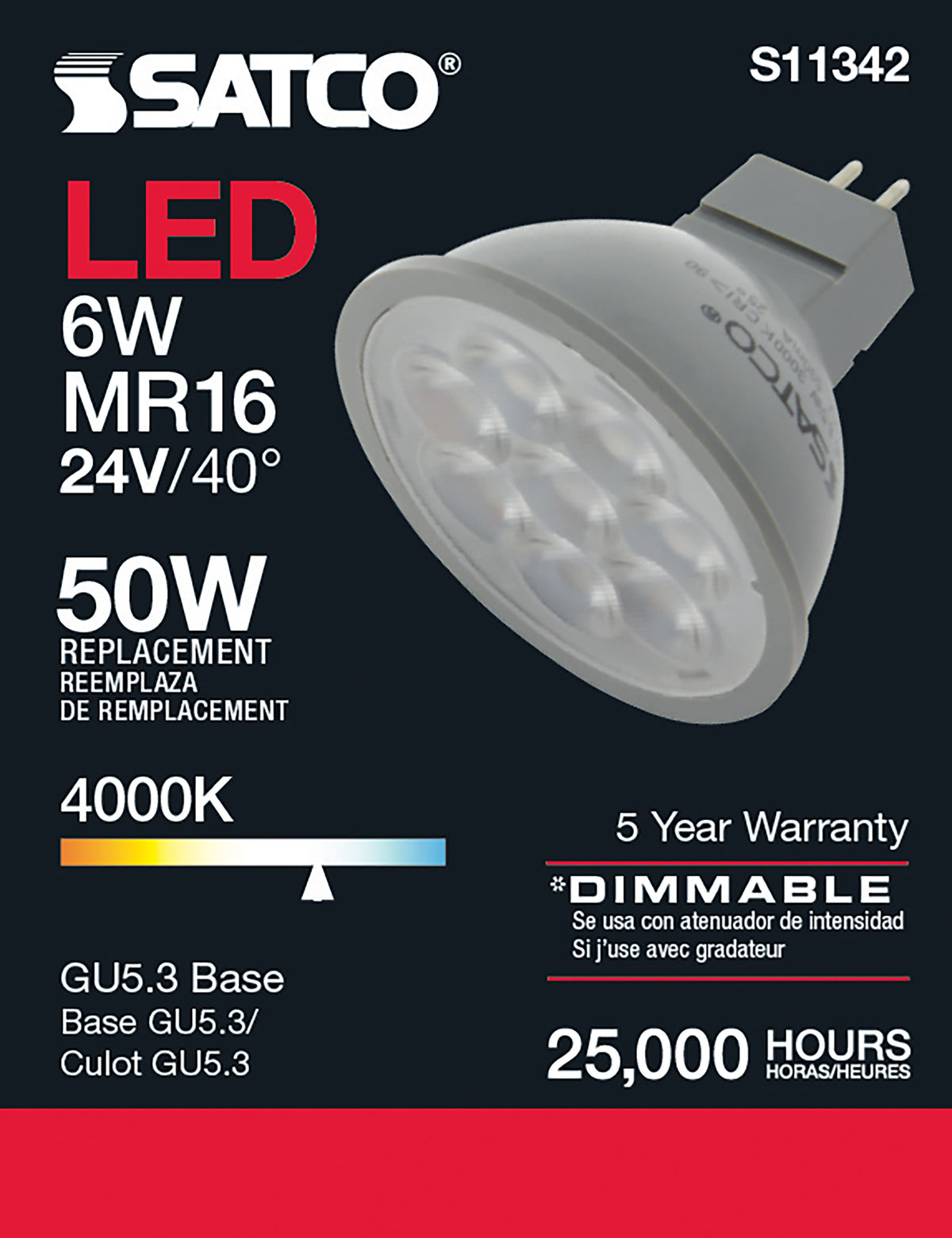 6 Watt - MR16 LED - 4000K - GU5.3 base - 40 deg. Beam Angle - 24 Volt
