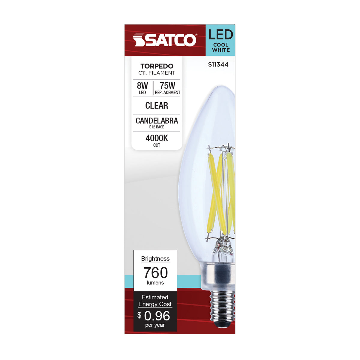 8 Watt C11 LED Filament - Clear Finish - Candelabra Base - 4000K - 90 CRI - 760 Lumens - 120 Volt