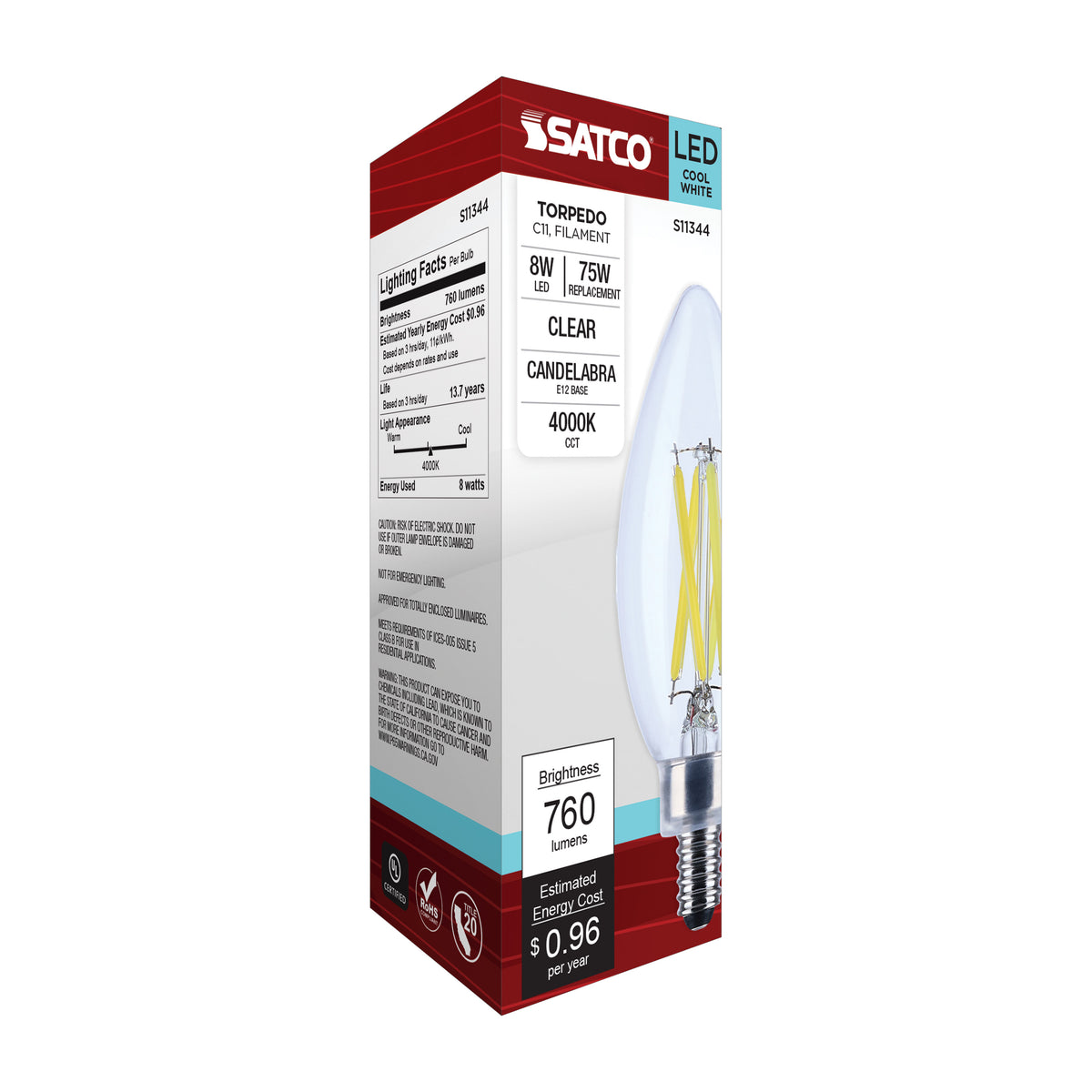 8 Watt C11 LED Filament - Clear Finish - Candelabra Base - 4000K - 90 CRI - 760 Lumens - 120 Volt
