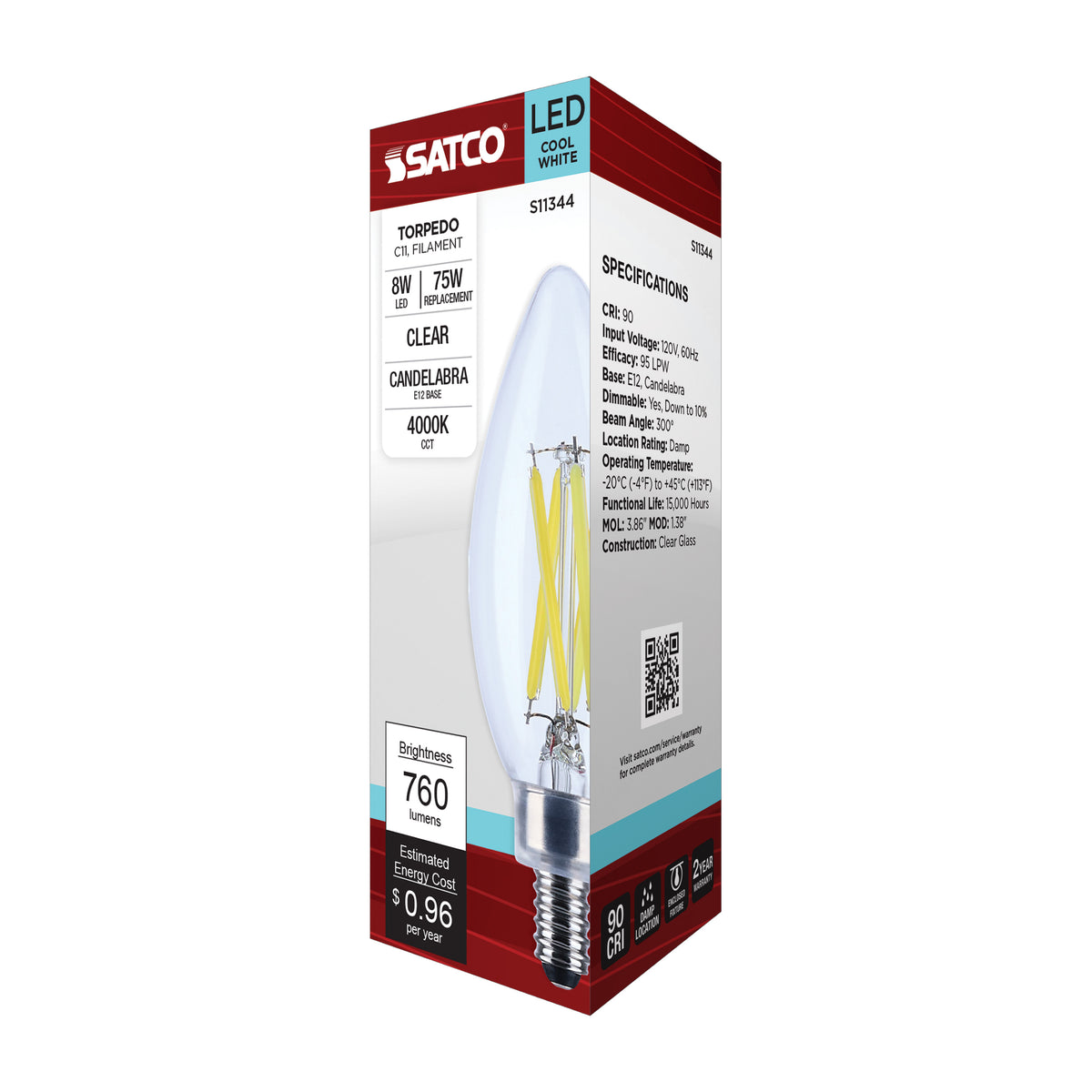 8 Watt C11 LED Filament - Clear Finish - Candelabra Base - 4000K - 90 CRI - 760 Lumens - 120 Volt
