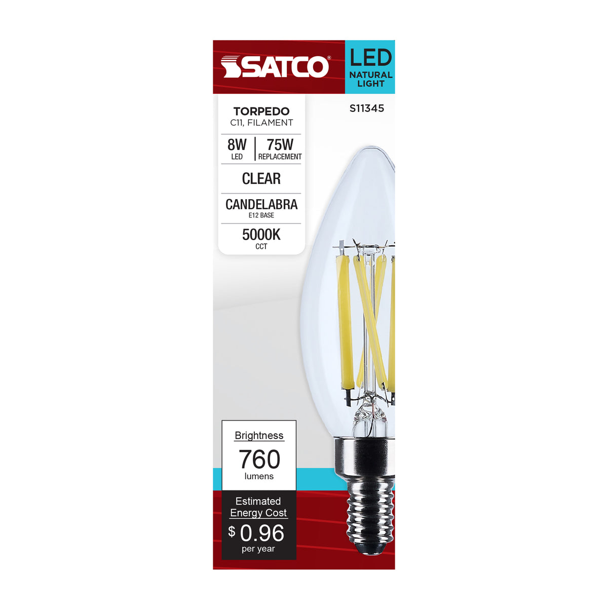 8 Watt C11 LED Filament - Clear Finish - Candelabra Base - 5000K - 90 CRI - 760 Lumens - 120 Volt