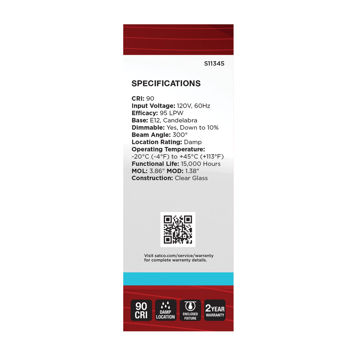 8 Watt C11 LED Filament - Clear Finish - Candelabra Base - 5000K - 90 CRI - 760 Lumens - 120 Volt