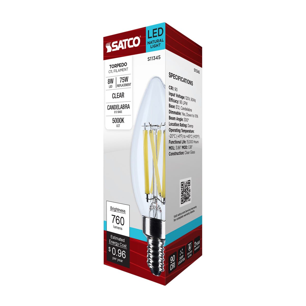 8 Watt C11 LED Filament - Clear Finish - Candelabra Base - 5000K - 90 CRI - 760 Lumens - 120 Volt