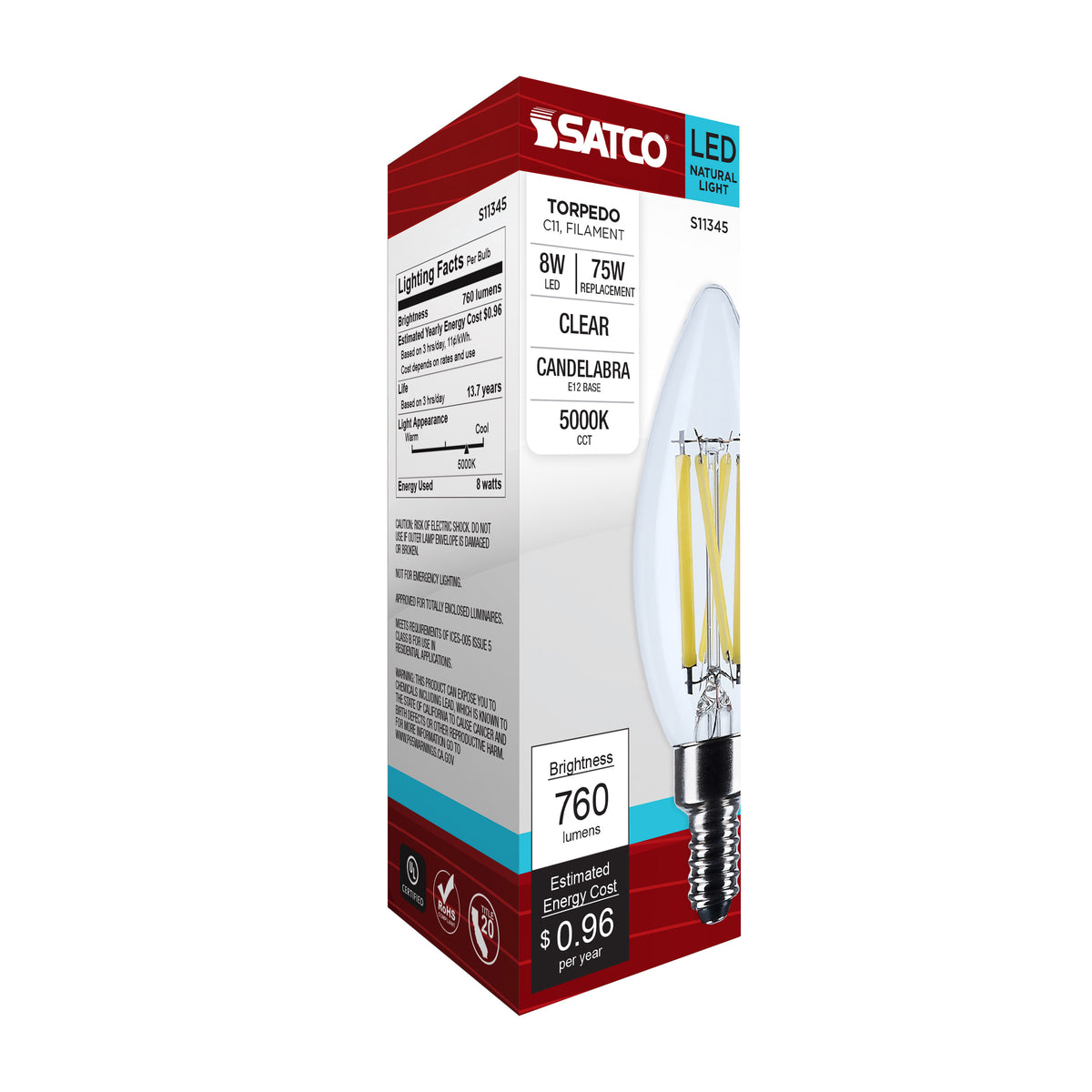 8 Watt C11 LED Filament - Clear Finish - Candelabra Base - 5000K - 90 CRI - 760 Lumens - 120 Volt