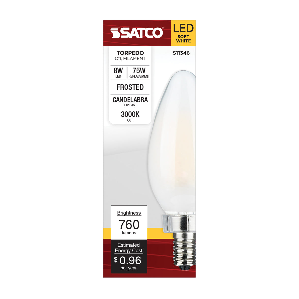 8 Watt C11 LED Filament - Frosted Finish - Candelabra Base - 3000K - 90 CRI - 760 Lumens - 120 Volt