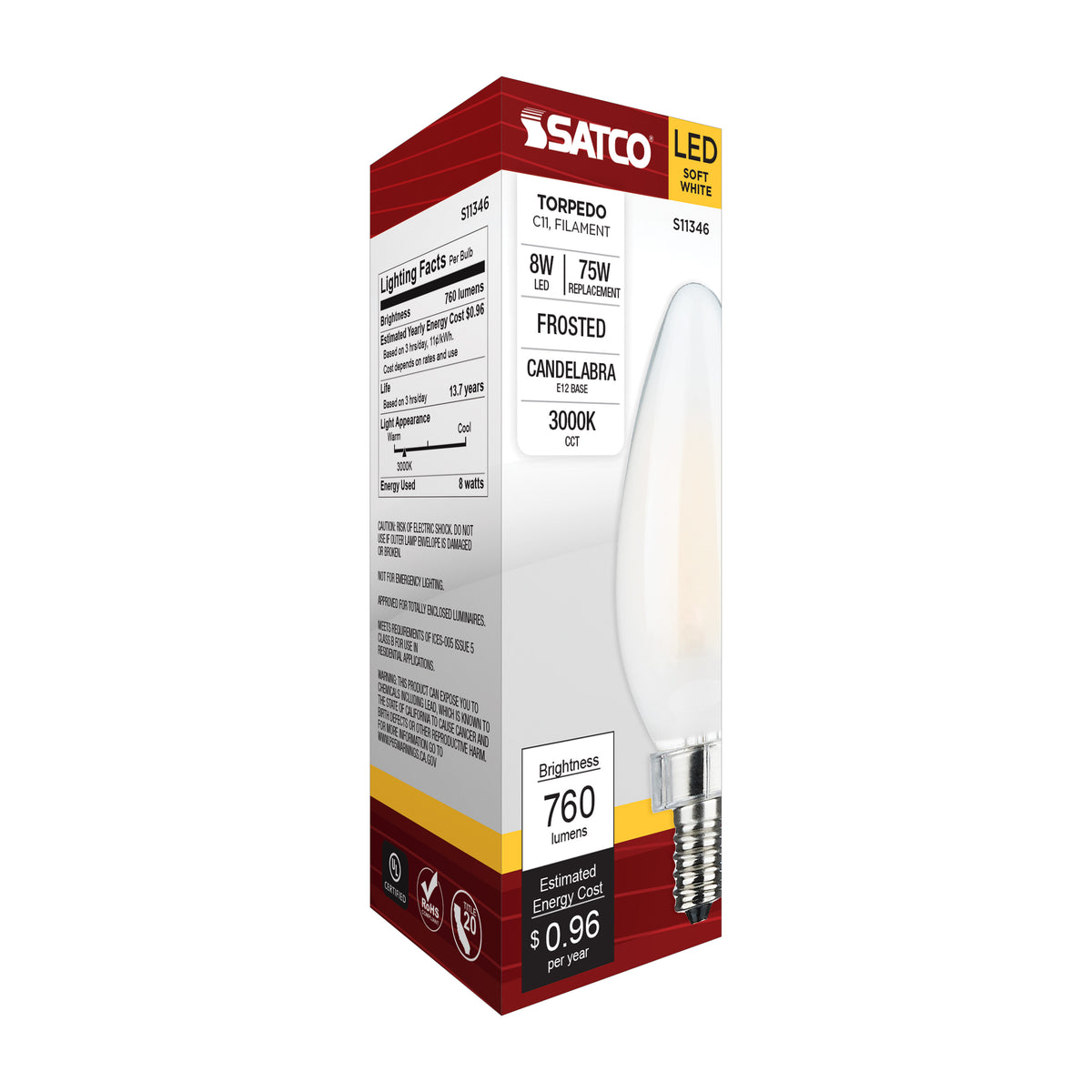 8 Watt C11 LED Filament - Frosted Finish - Candelabra Base - 3000K - 90 CRI - 760 Lumens - 120 Volt