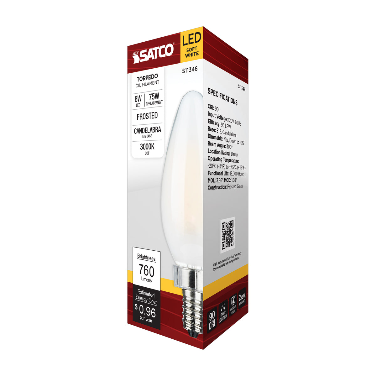 8 Watt C11 LED Filament - Frosted Finish - Candelabra Base - 3000K - 90 CRI - 760 Lumens - 120 Volt