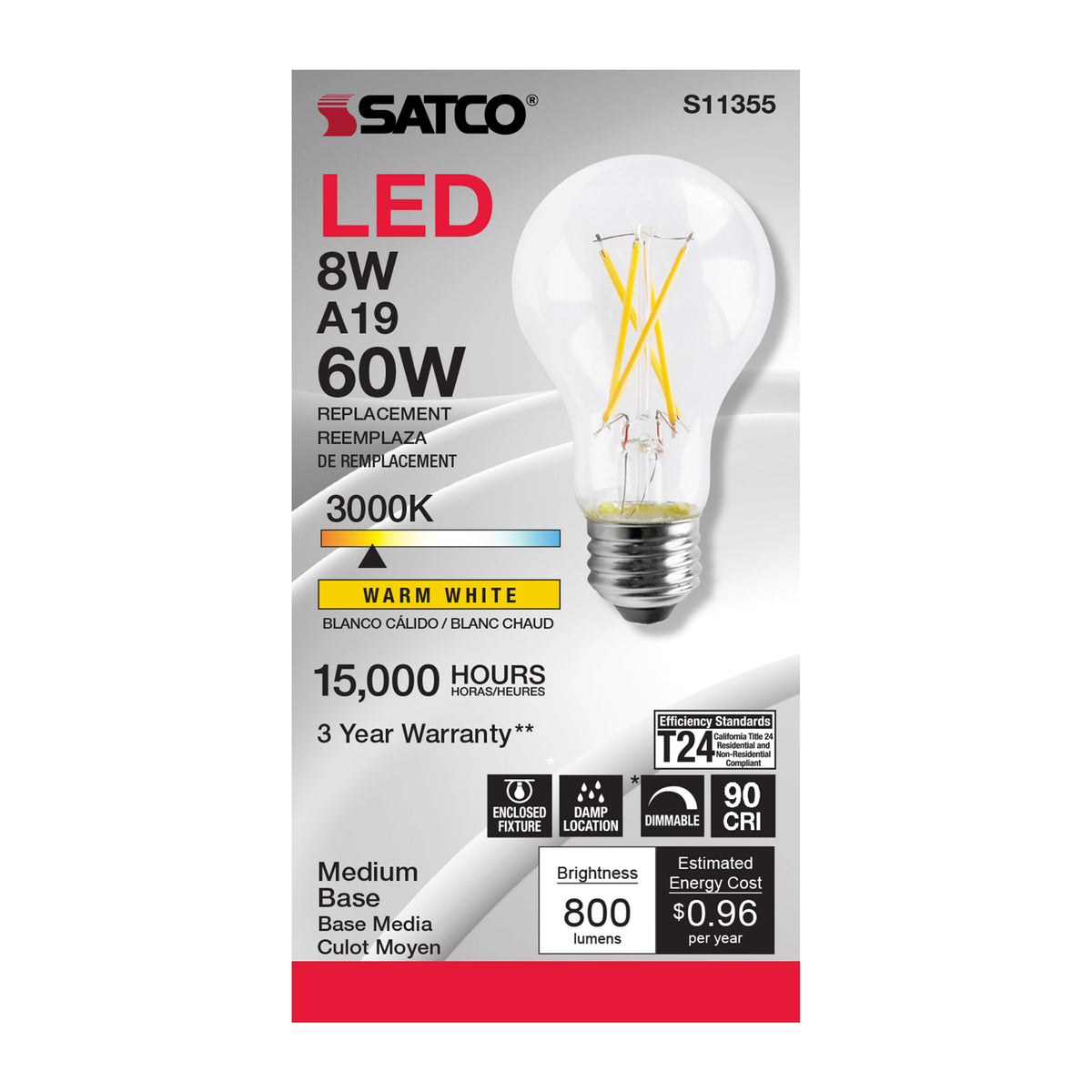 8 Watt - A19 LED Filament - Clear - 3000K - Medium base - 120 Volt