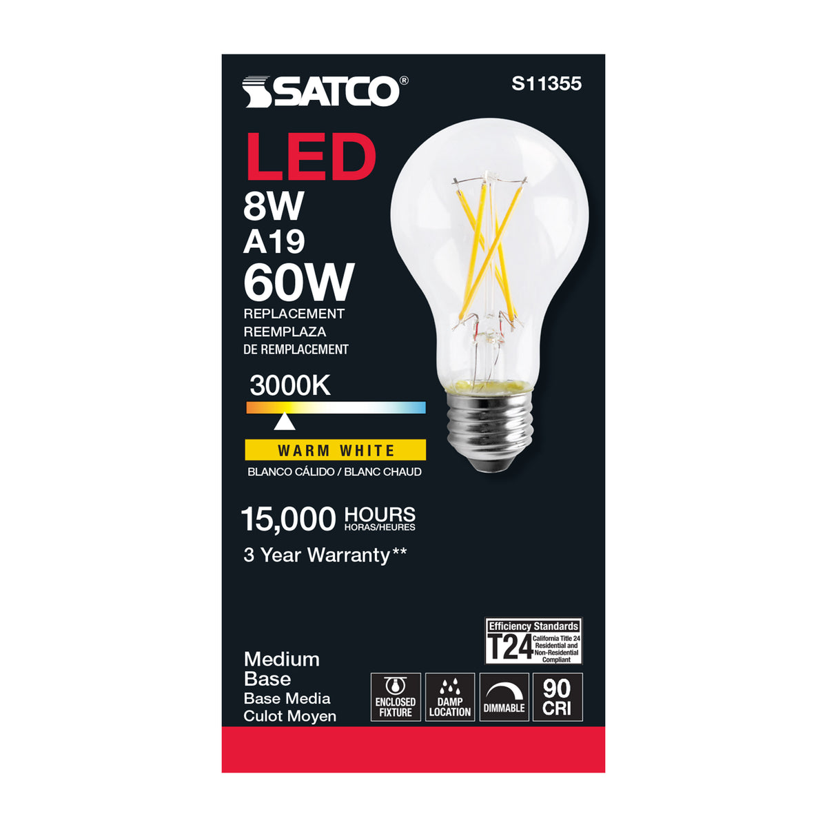 8 Watt - A19 LED Filament - Clear - 3000K - Medium base - 120 Volt