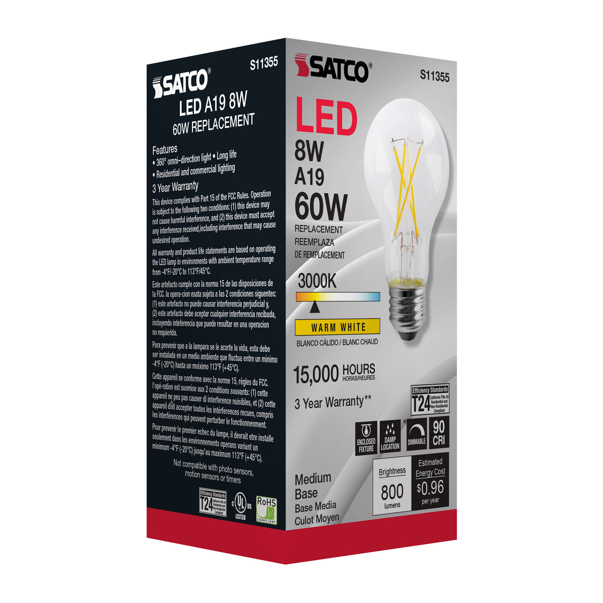 8 Watt - A19 LED Filament - Clear - 3000K - Medium base - 120 Volt