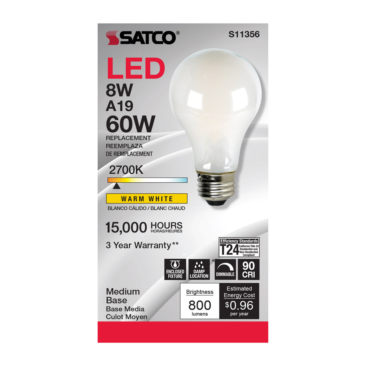 8 Watt - A19 LED Filament - Soft White - 2700K - Medium base - 120 Volt