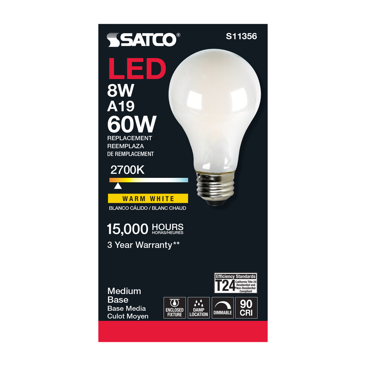8 Watt - A19 LED Filament - Soft White - 2700K - Medium base - 120 Volt