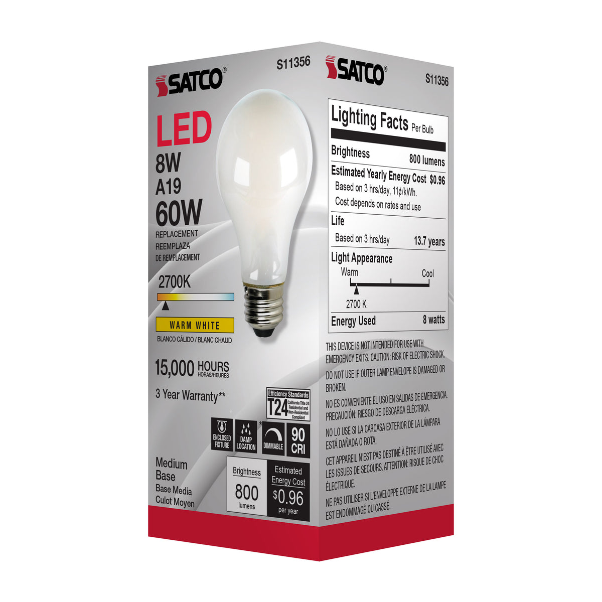 8 Watt - A19 LED Filament - Soft White - 2700K - Medium base - 120 Volt