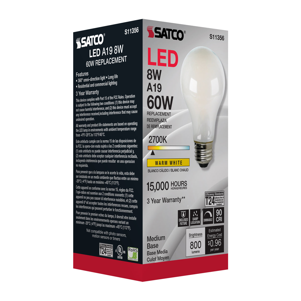 8 Watt - A19 LED Filament - Soft White - 2700K - Medium base - 120 Volt