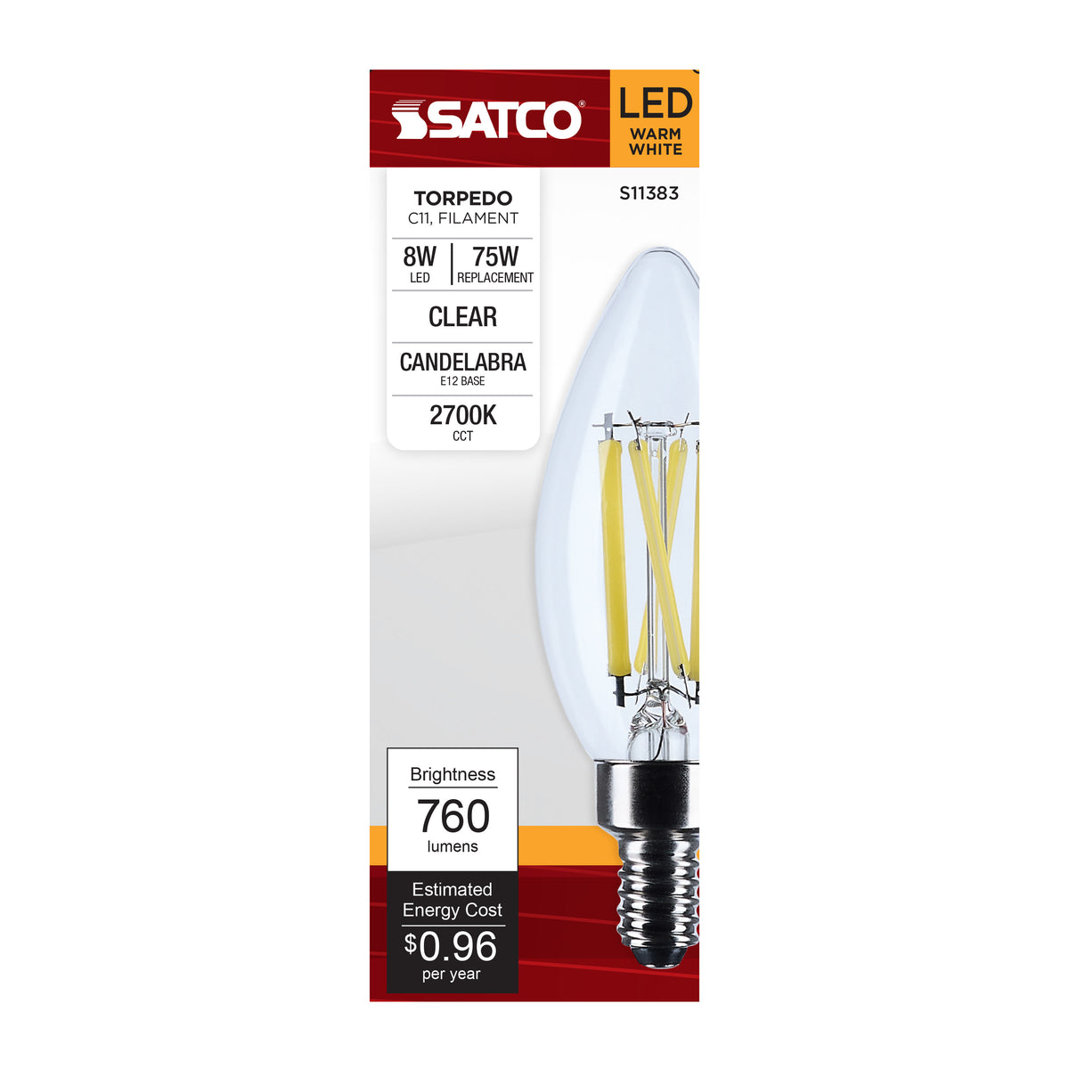 8 Watt C11 LED Filament - Clear - Candelabra base - 2700K - 90 CRI - 760 Lumens - 120 Volt